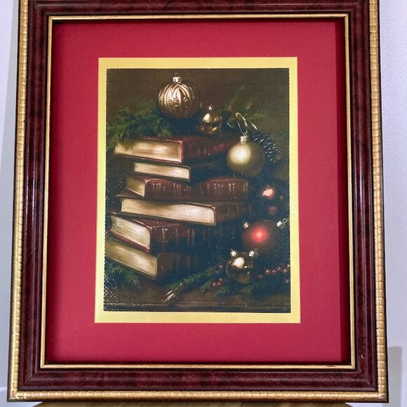 Book Lover Holiday Framed Print Books & Ornaments FRAMED 15" x 13" - Picture 1 of 2
